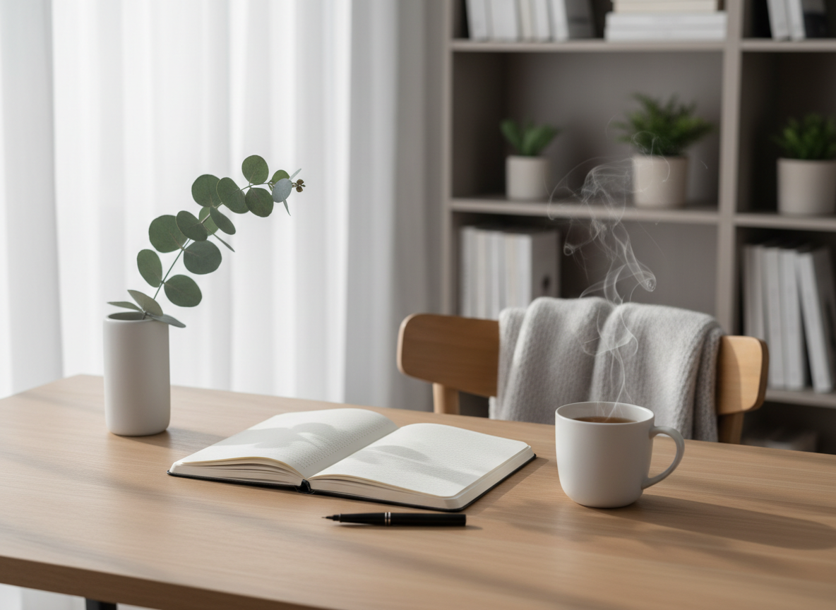 A neatly arranged writing desk symbolizing calm and control, featuring an open linen-textured notebook with softly rounded corners, a fine-point pen, and a ceramic mug of herbal tea releasing a faint wisp of steam. The desk is a light oak surface near a large window, with a single eucalyptus branch in a matte white vase and a folded, pale gray throw draped over the chair back. Soft morning daylight filters through sheer curtains, creating gentle highlights and subtle shadows. Photographed at eye level with a slight angle, shallow depth of field blurring the background bookcase. The mood is serene, organized, and professional, with clean lines and photographic realism emphasizing energy, rest, and personal regie without any human presence.