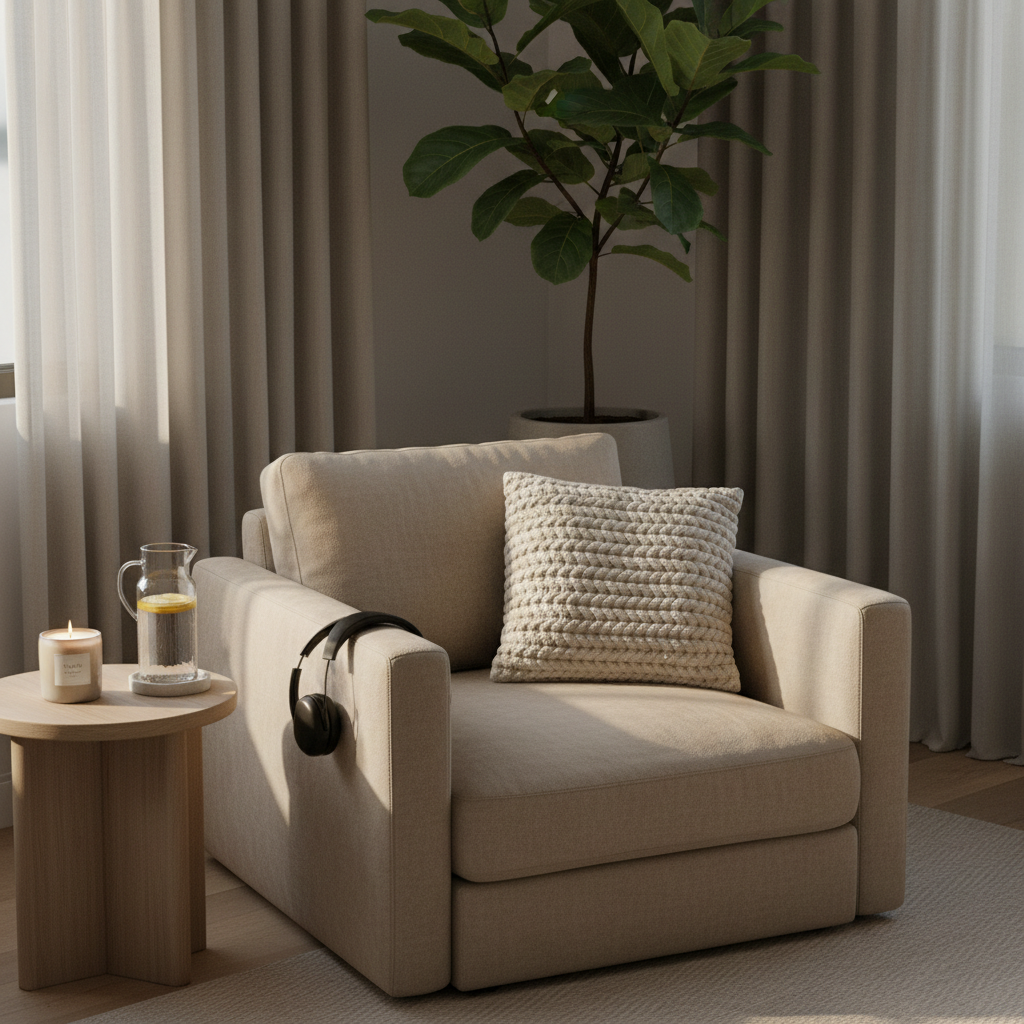 A tranquil living room corner designed for deep rest and sensory recovery, featuring a plush sand-colored armchair with a textured knit pillow, an oversized noise-canceling headphone resting on the arm, and a small side table holding a lit soy candle and a glass carafe of water with lemon slices. The scene is framed by a tall plant in a simple stone pot, and neutral-toned curtains. Late afternoon natural light creates a warm, diffused glow and soft shadows that hug the contours of fabrics. Photographed from a slightly elevated angle with balanced composition and moderate depth of field. The atmosphere is grounding and restorative, suggesting a quiet retreat from overstimulation in a clean, modern photographic style.