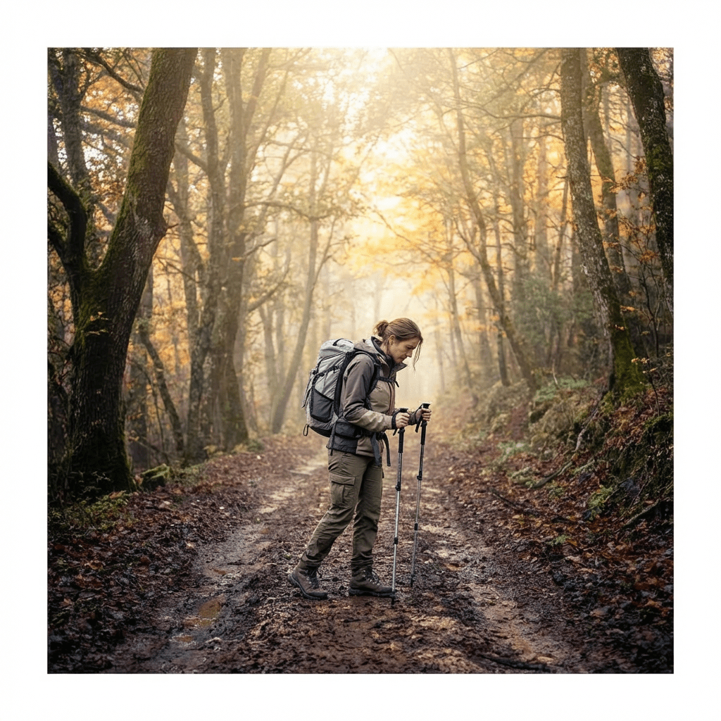 A woman with a backpack and walking stick hikes on a muddy forest trail.