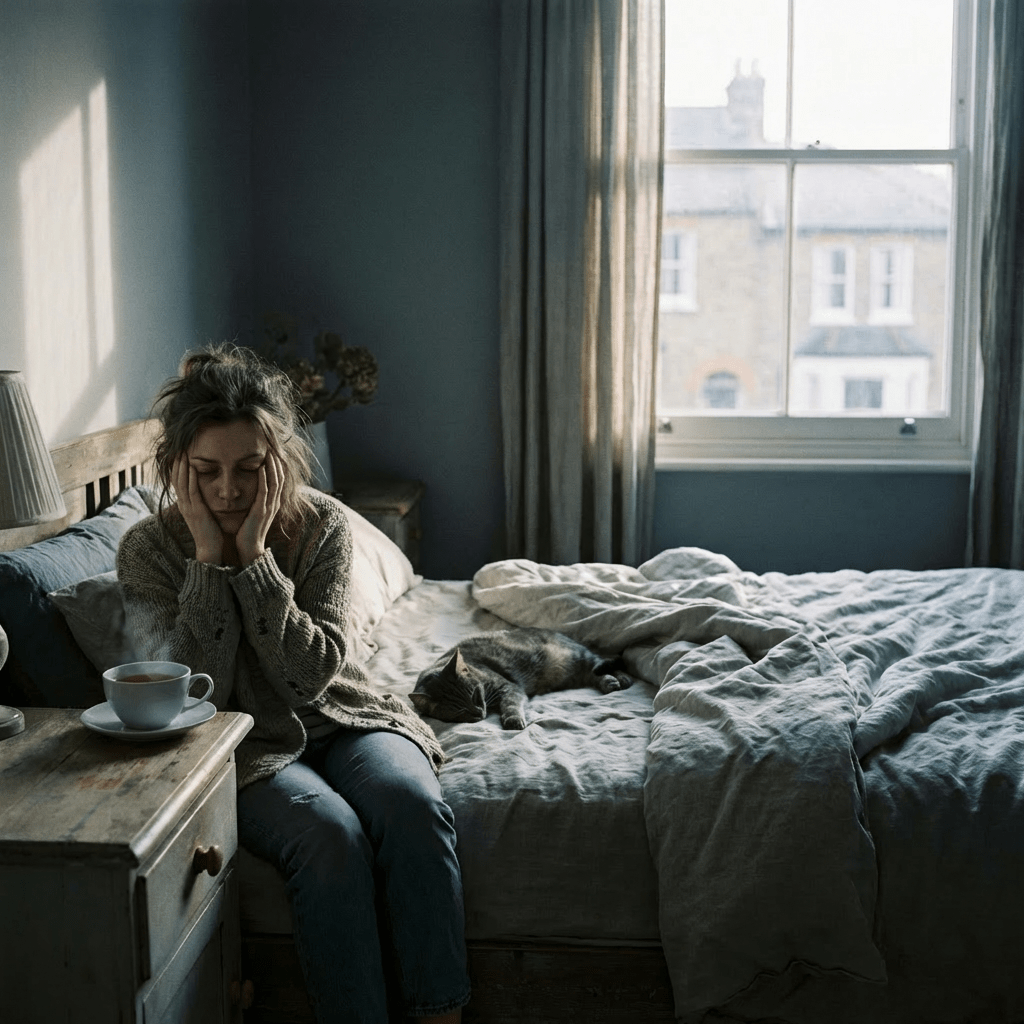 Cat sleeping on an unmade bed beside a steaming cup of tea in a bedroom.